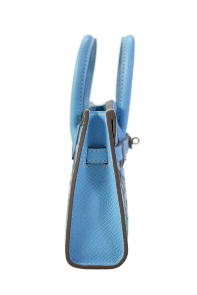Hermes Womens Hand Painted Epsom Leather Micro Birkin 15 Handbag Blue White