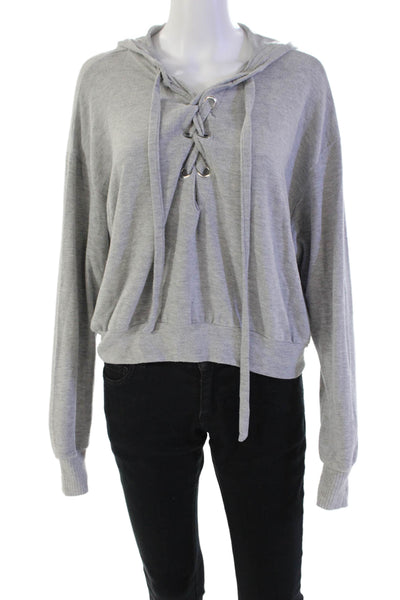 LNA Womens Laced Detail Hooded Long Sleeve Cropped Sweatshirt Gray Size XS