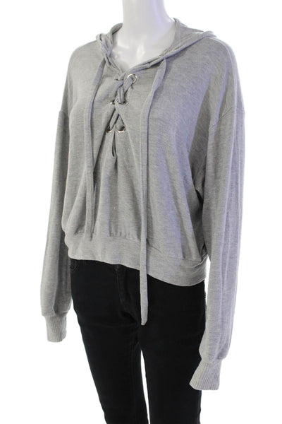 LNA Womens Laced Detail Hooded Long Sleeve Cropped Sweatshirt Gray Size XS