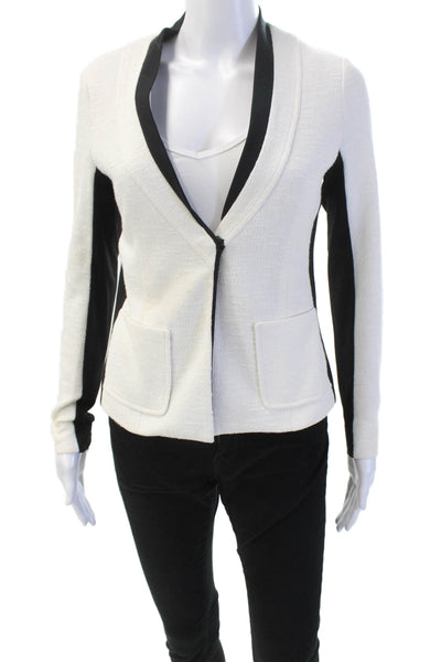 Nanette Lepore Womens Single Button V Neck Knit Blazer Jacket White Black Size 2