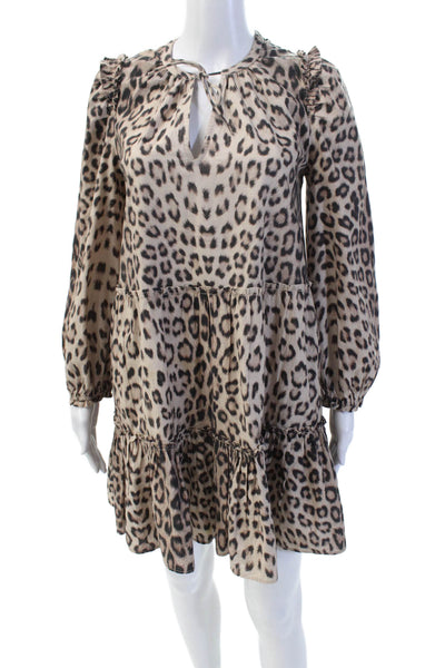 Generation Love Womens Long Sleeve Cheetah Printed Mini Dress Brown Size 2XS