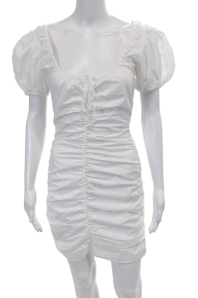 Ganni Womens Short Sleeve V Neck Ruched Mini Dress White Cotton Size FR 32