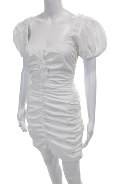 Ganni Womens Short Sleeve V Neck Ruched Mini Dress White Cotton Size FR 32