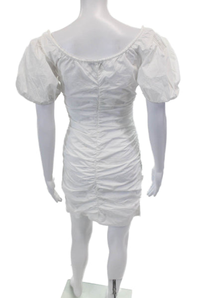 Ganni Womens Short Sleeve V Neck Ruched Mini Dress White Cotton Size FR 32