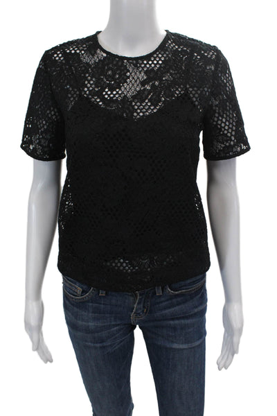 Rag & Bone Womens Short Sleeve Crew Neck Lace Overlay Top Black Size 2XS