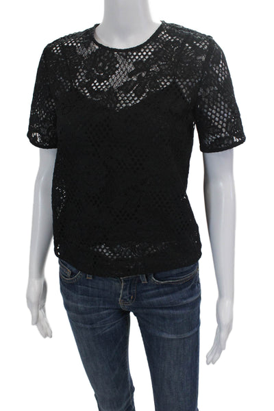 Rag & Bone Womens Short Sleeve Crew Neck Lace Overlay Top Black Size 2XS