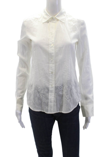 Theory Womens Cotton Eyelet Detail Long Sleeve Buttoned Blouse White Size P