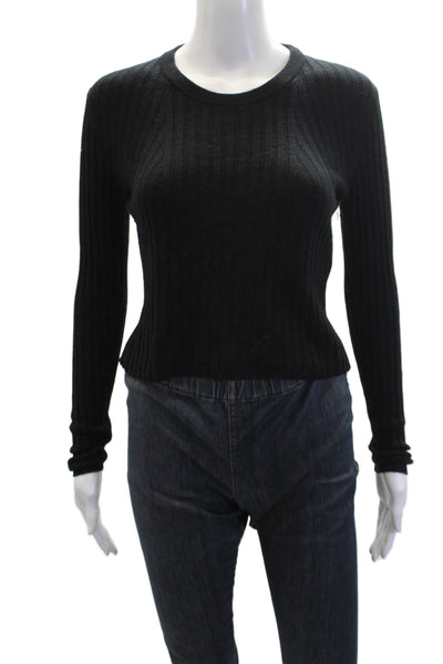 Babaton Womens Wool Crew Neck Ribbed Long Sleeve Crop Top Black Size S