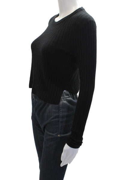 Babaton Womens Wool Crew Neck Ribbed Long Sleeve Crop Top Black Size S