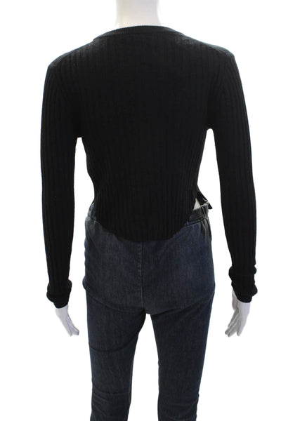 Babaton Womens Wool Crew Neck Ribbed Long Sleeve Crop Top Black Size S