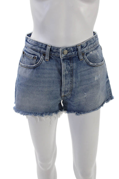 Boyish Womens Cotton Frayed Light Wash High-Rise Denim Shorts Blue Size 25