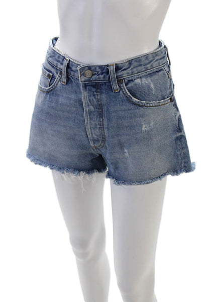 Boyish Womens Cotton Frayed Light Wash High-Rise Denim Shorts Blue Size 25