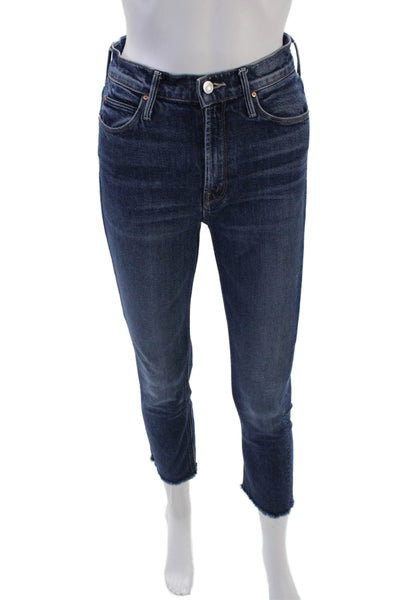 Mother Womens Cotton Mid Rise Raw Ankle Detail Skinny Jeans Blue Size 25