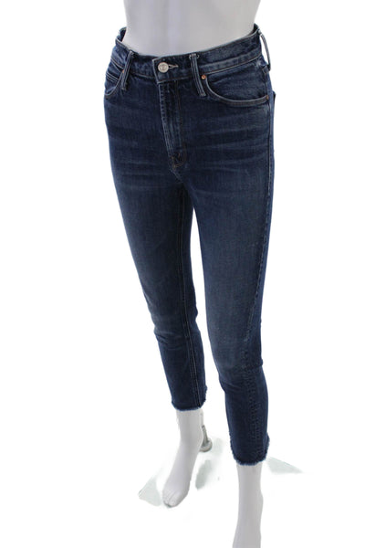 Mother Womens Cotton Mid Rise Raw Ankle Detail Skinny Jeans Blue Size 25