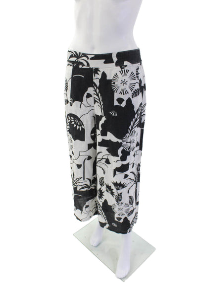 Nicole Miller Womens Linen Printed Wide Leg Pants White Black Size Medium