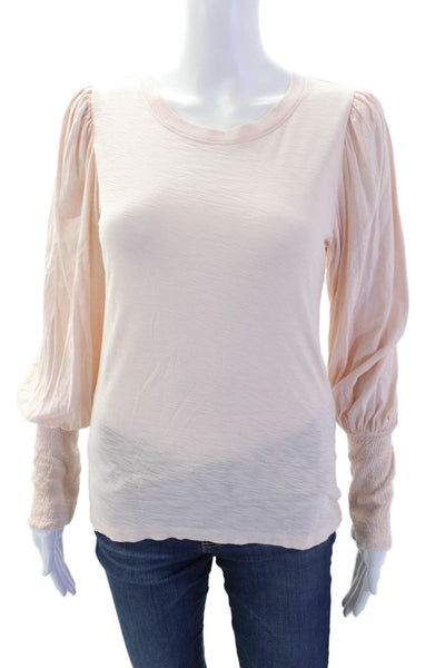 Nation LTD Womens Long Sleeve Scoop Neck Smocked Cuff Shirt Pink Cotton Small