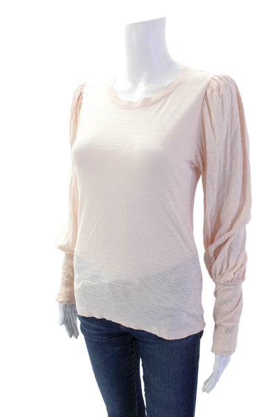 Nation LTD Womens Long Sleeve Scoop Neck Smocked Cuff Shirt Pink Cotton Small