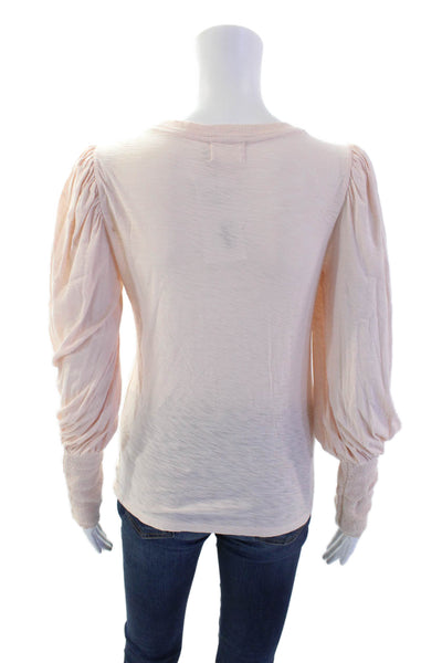 Nation LTD Womens Long Sleeve Scoop Neck Smocked Cuff Shirt Pink Cotton Small