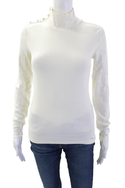 J Crew Womens Long Sleeve Crystal Trim Mock Neck Shirt White Cotton Size XS