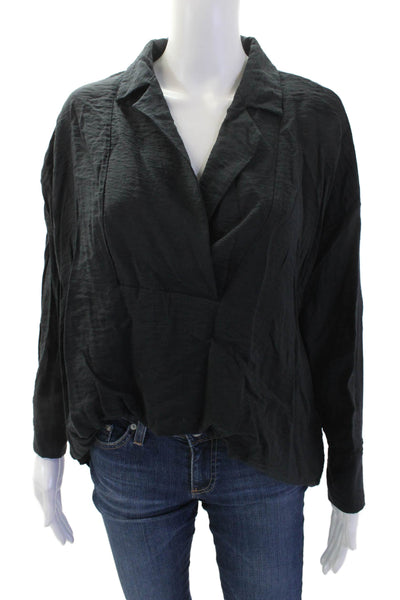 Anthropologie Womens Long Sleeve Collared V Neck Oversized Shirt Black Size XS