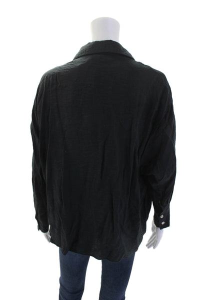 Anthropologie Womens Long Sleeve Collared V Neck Oversized Shirt Black Size XS