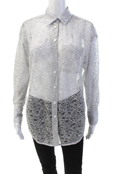 Anthropologie Womens Long Sleeve Open Front Lace Blouse Gray Size 2XS