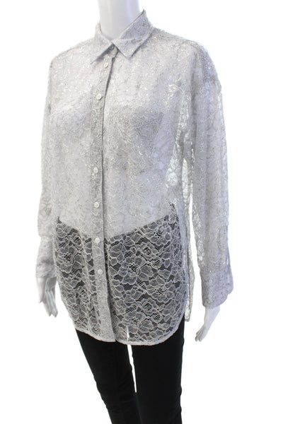 Anthropologie Womens Long Sleeve Open Front Lace Blouse Gray Size 2XS