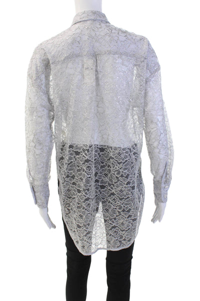 Anthropologie Womens Long Sleeve Open Front Lace Blouse Gray Size 2XS