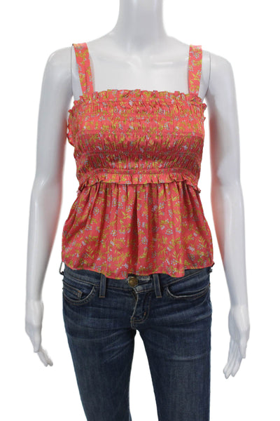 J Crew Womens Sleeveless Smocked Square Neck Floral Satin Top Pink Size Small