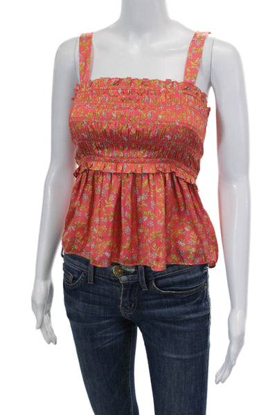 J Crew Womens Sleeveless Smocked Square Neck Floral Satin Top Pink Size Small