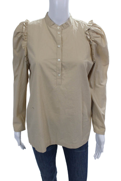 J Crew Womens Long Sleeve Half Button Ruffled Shirt Brown Cotton Size Small