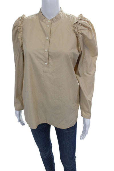 J Crew Womens Long Sleeve Half Button Ruffled Shirt Brown Cotton Size Small