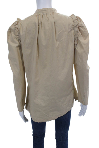 J Crew Womens Long Sleeve Half Button Ruffled Shirt Brown Cotton Size Small