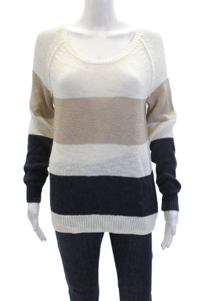 360 Sweater Womens Long Sleeve Scoop Neck Striped Open Knit Sweater White Small