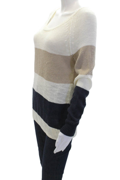 360 Sweater Womens Long Sleeve Scoop Neck Striped Open Knit Sweater White Small
