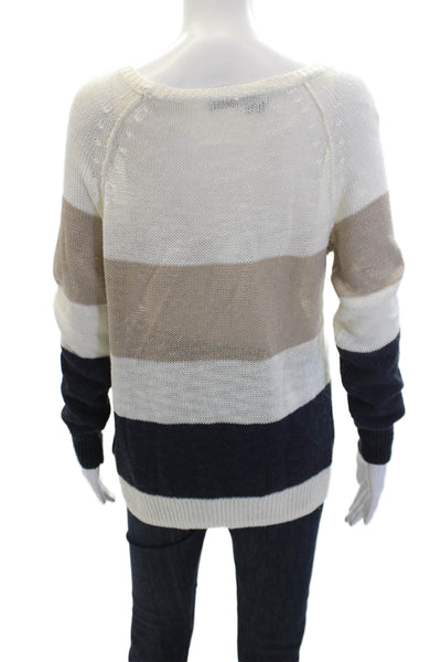 360 Sweater Womens Long Sleeve Scoop Neck Striped Open Knit Sweater White Small