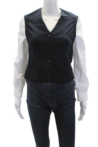 Drew Womens Long Sleeve Button Front V Neck Blouse Mira Top White Navy Size XS