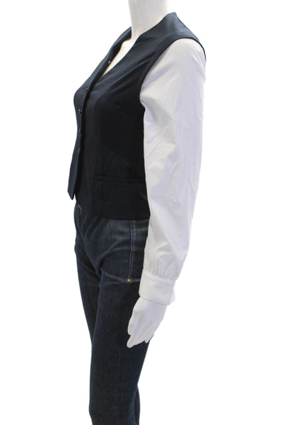 Drew Womens Long Sleeve Button Front V Neck Blouse Mira Top White Navy Size XS