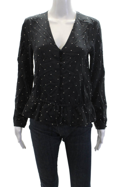 Rails Womens Long Sleeve Button Front V Neck Silk Heart Shirt Black Size XS