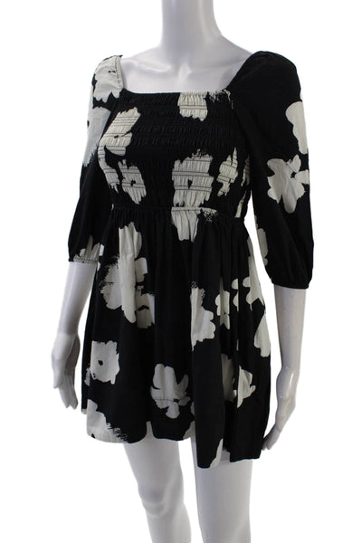 Tanya Taylor Womens Floral Print Smocked A Line Dress Black White Size Medium
