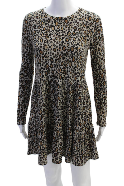Zara Womens Cotton Round Neck Long Sleeve Animal Print Short Dress Brown Size S