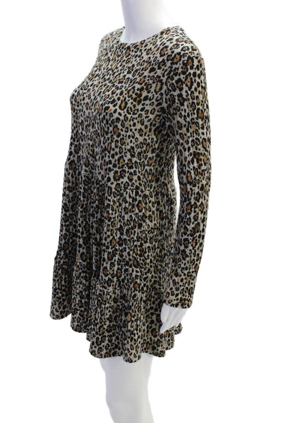 Zara Womens Cotton Round Neck Long Sleeve Animal Print Short Dress Brown Size S