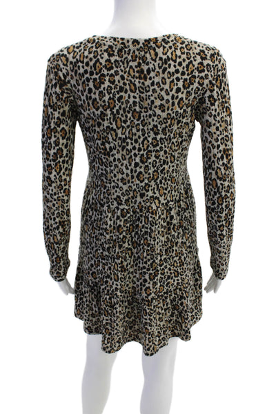 Zara Womens Cotton Round Neck Long Sleeve Animal Print Short Dress Brown Size S