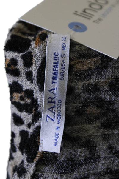 Zara Womens Cotton Round Neck Long Sleeve Animal Print Short Dress Brown Size S