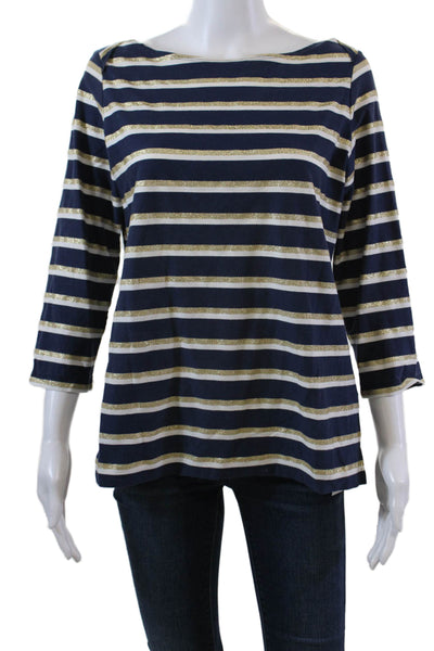 Leggiadro Womens Cotton Long Sleeve Metallic Striped Top Blue Size 4