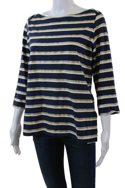 Leggiadro Womens Cotton Long Sleeve Metallic Striped Top Blue Size 4