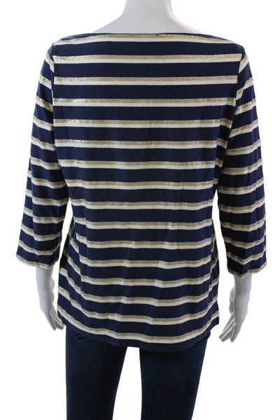 Leggiadro Womens Cotton Long Sleeve Metallic Striped Top Blue Size 4