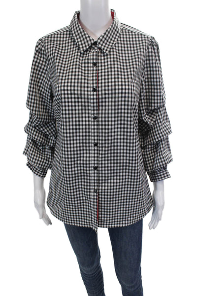 Insight Womens Button Front 3/4 Sleeve Collared Gingham Shirt Black White Medium