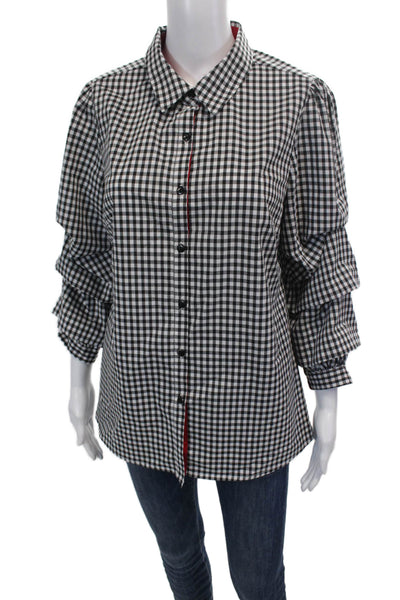 Insight Womens Button Front 3/4 Sleeve Collared Gingham Shirt Black White Medium