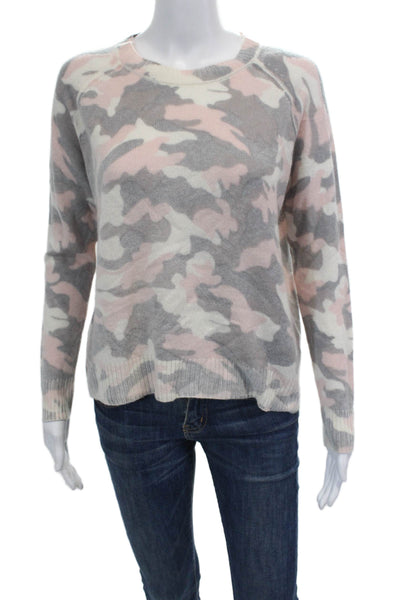 27 Miles Womens Crew Neck Camouflage Cashmere Sweater White Gray Pink Size Small
